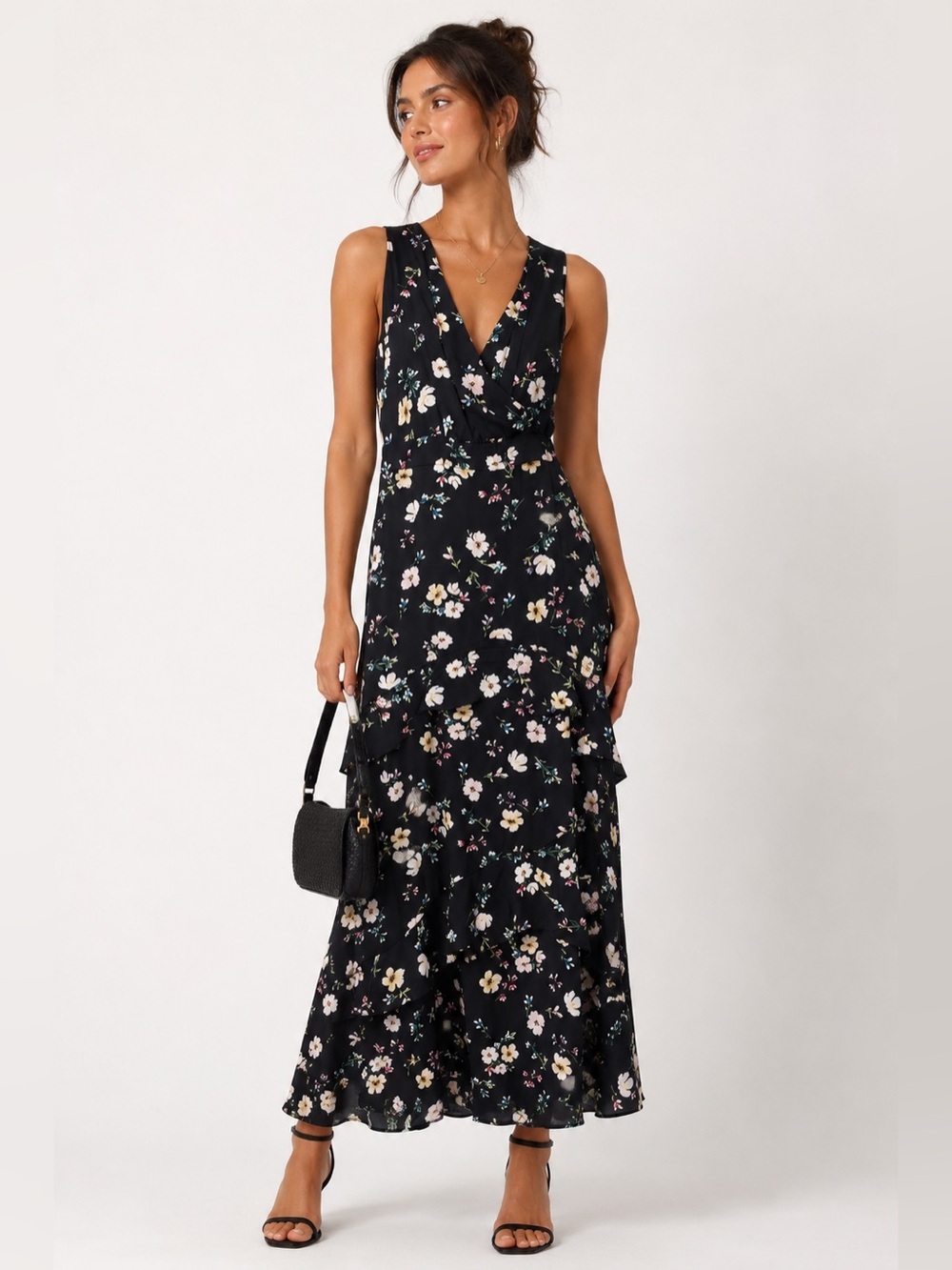 RACHEL Rachel Roy Black Floral V-Neck Ruffle Maxi Dress 2 NWOT